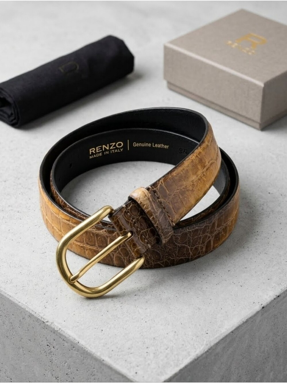 RENZO | Genuine Leather Belt Snakeskin Ombre Brown Yellow Sz 34
